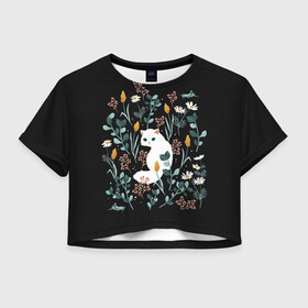 Женская футболка Crop-top 3D с принтом Кошечка среди цветов в Петрозаводске, 100% полиэстер | круглая горловина, длина футболки до линии талии, рукава с отворотами | cat | cats | flowers | киса | киска | кот | коте | котенок | котик | котэ | кошечка | кошка | мем | мем с кошкой | мяу | ромашки | с кошечкой | с кошкой | цветы