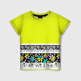 Детская футболка 3D с принтом Яркий цветочный узор  в Петрозаводске, 100% гипоаллергенный полиэфир | прямой крой, круглый вырез горловины, длина до линии бедер, чуть спущенное плечо, ткань немного тянется | абстрактный | для детей | зеленый | неоновый зеленый | разноцветный | современный | цветочный узор