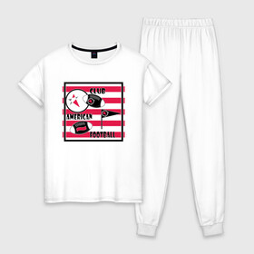 Женская пижама хлопок с принтом Американский футбол в Петрозаводске, 100% хлопок | брюки и футболка прямого кроя, без карманов, на брюках мягкая резинка на поясе и по низу штанин | америка | иллюстрация | клуб | красный | красный и черный | мяч | полосатый | популярный | современный | спорт