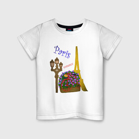 Детская футболка хлопок с принтом Кусочек Парижа в Петрозаводске, 100% хлопок | круглый вырез горловины, полуприлегающий силуэт, длина до линии бедер | . | велик | велосипед | виласипед | города | любовь | мерцание | надписи | париж | путешествие | романтика | текст | фонарь | франция | цветы | эйфелева башня