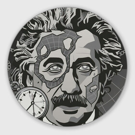 Коврик для мышки круглый с принтом Альберт Эйнштейн в Петрозаводске, резина и полиэстер | круглая форма, изображение наносится на всю лицевую часть | арт | время | рисунок | учёный | часы | чёрно белый | черно белый рисунок | эйнштейн