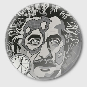 Значок с принтом Альберт Эйнштейн в Петрозаводске,  металл | круглая форма, металлическая застежка в виде булавки | Тематика изображения на принте: арт | время | рисунок | учёный | часы | чёрно белый | черно белый рисунок | эйнштейн