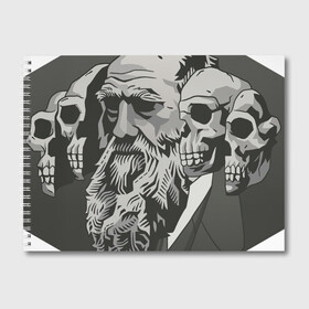 Альбом для рисования с принтом Чарльз Дарвин в Петрозаводске, 100% бумага
 | матовая бумага, плотность 200 мг. | арт | дарвин | рисунок | учёный | чарльз дарвин | череп | черепа | чёрно белый | черно белый рисунок | эволюция