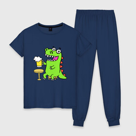 Женская пижама хлопок с принтом Пивозавр в Петрозаводске, 100% хлопок | брюки и футболка прямого кроя, без карманов, на брюках мягкая резинка на поясе и по низу штанин | dinosaur | pivo | pivozavr | динозавр | прикол