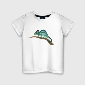 Детская футболка хлопок с принтом Зеленый хамелеон на ветке в Петрозаводске, 100% хлопок | круглый вырез горловины, полуприлегающий силуэт, длина до линии бедер | chameleon | green | lizard | reptile | torqoise | акварель | акварельный | бирюзовый | ветка | зеленый | иллюстрация | на ветке | скетч | хамелеон | ящерица