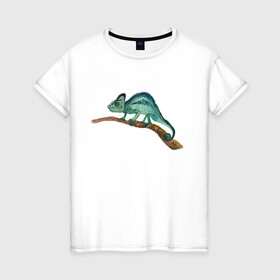 Женская футболка хлопок с принтом Зеленый хамелеон на ветке в Петрозаводске, 100% хлопок | прямой крой, круглый вырез горловины, длина до линии бедер, слегка спущенное плечо | chameleon | green | lizard | reptile | torqoise | акварель | акварельный | бирюзовый | ветка | зеленый | иллюстрация | на ветке | скетч | хамелеон | ящерица