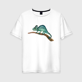 Женская футболка хлопок Oversize с принтом Зеленый хамелеон на ветке в Петрозаводске, 100% хлопок | свободный крой, круглый ворот, спущенный рукав, длина до линии бедер
 | chameleon | green | lizard | reptile | torqoise | акварель | акварельный | бирюзовый | ветка | зеленый | иллюстрация | на ветке | скетч | хамелеон | ящерица