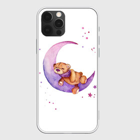 Чехол для iPhone 12 Pro Max с принтом Плюшевый мишка спит на луне в Петрозаводске, Силикон |  | bedtime | dream | moon | night | sleep | stars | teddy bear | акварель | акварельный | детский | дизайн | звездный | звезды | игрушка | луна | малыш | малышковый | медведь | милый | мишка | ночь | плюшевый | розовый | сиреневый