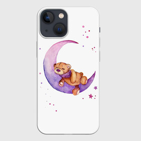 Чехол для iPhone 13 mini с принтом Плюшевый мишка спит на луне в Петрозаводске,  |  | bedtime | dream | moon | night | sleep | stars | teddy bear | акварель | акварельный | детский | дизайн | звездный | звезды | игрушка | луна | малыш | малышковый | медведь | милый | мишка | ночь | плюшевый | розовый | сиреневый