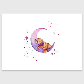 Поздравительная открытка с принтом Плюшевый мишка спит на луне в Петрозаводске, 100% бумага | плотность бумаги 280 г/м2, матовая, на обратной стороне линовка и место для марки
 | bedtime | dream | moon | night | sleep | stars | teddy bear | акварель | акварельный | детский | дизайн | звездный | звезды | игрушка | луна | малыш | малышковый | медведь | милый | мишка | ночь | плюшевый | розовый | сиреневый