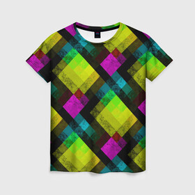 Женская футболка 3D с принтом Абстрактный разноцветный узор  в Петрозаводске, 100% полиэфир ( синтетическое хлопкоподобное полотно) | прямой крой, круглый вырез горловины, длина до линии бедер | абстрактный | геометрический | желтый | зеленый | молодежный | мраморный | разноцветный | современный | черный