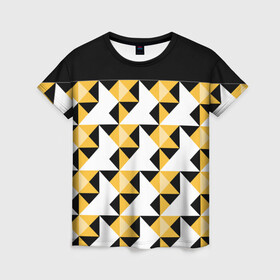 Женская футболка 3D с принтом Черно-желтый геометрический  в Петрозаводске, 100% полиэфир ( синтетическое хлопкоподобное полотно) | прямой крой, круглый вырез горловины, длина до линии бедер | абстрактный | геометрический | желтый | молодежный | мужской | разноцветный | современный | черный