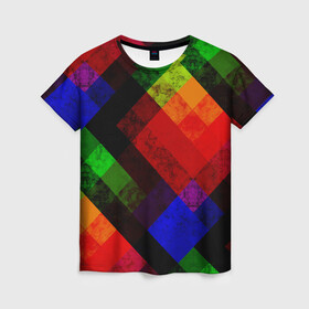 Женская футболка 3D с принтом Яркий геометрический узор  в Петрозаводске, 100% полиэфир ( синтетическое хлопкоподобное полотно) | прямой крой, круглый вырез горловины, длина до линии бедер | абстрактный | геометрический | красный | модный узор | молодежный | мраморный | синий
