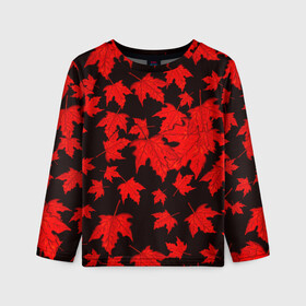 Детский лонгслив 3D с принтом осенние листья в Петрозаводске, 100% полиэстер | длинные рукава, круглый вырез горловины, полуприлегающий силуэт
 | клён | кленовые | красный | красный на черном | листва | листопад | листья | листья падают | осенние | осень | черный