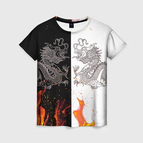 Женская футболка 3D с принтом Драконы Черный и Белый | Огонь в Петрозаводске, 100% полиэфир ( синтетическое хлопкоподобное полотно) | прямой крой, круглый вырез горловины, длина до линии бедер | beast | dragon | fire | дракон | животные | зверь | змей | когти | огонь | пламя | узор | чб | японский