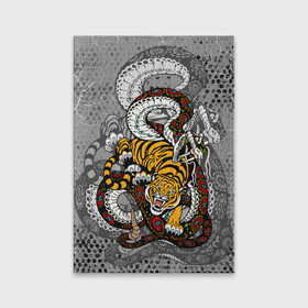 Обложка для паспорта матовая кожа с принтом Змея и Тигр|Tiger Snake Fight  в Петрозаводске, натуральная матовая кожа | размер 19,3 х 13,7 см; прозрачные пластиковые крепления | Тематика изображения на принте: beast | борьба | животные | зверь | змея | когти | кошки | огонь | тигр | узор | чб | японский