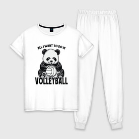 Женская пижама хлопок с принтом Volleyball Panda в Петрозаводске, 100% хлопок | брюки и футболка прямого кроя, без карманов, на брюках мягкая резинка на поясе и по низу штанин | Тематика изображения на принте: ball | beach | game | panda | sport | volley | volleyball | волейбол | волейболист | волейболистка | гол | животные | игра | игрок | медведь | мяч | панда | площадка | пляж | пляжный | победа | сетка | спорт | тренер | чемпион