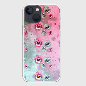 Чехол для iPhone 13 mini с принтом Акварельный камуфляж с цветами в Петрозаводске,  |  | акварель | акварельный | анютины глазки | градиент | женственный | камуфляж | разводы | разноцветный | фиалки | цветочки | цветочный | цветы