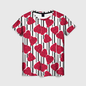 Женская футболка 3D с принтом Полосатый узор сердце  в Петрозаводске, 100% полиэфир ( синтетическое хлопкоподобное полотно) | прямой крой, круглый вырез горловины, длина до линии бедер | детский | красный | красный и черный | любовь | мраморное сердце | полосатый узор | полосы | сердце | черные полосы