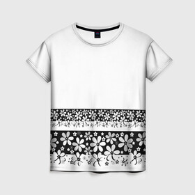 Женская футболка 3D с принтом Черно-белый цветочный принт  в Петрозаводске, 100% полиэфир ( синтетическое хлопкоподобное полотно) | прямой крой, круглый вырез горловины, длина до линии бедер | белый | детский | для девушек | кайма | летний | ромашки | цветочный | цветы | черно белый | черный