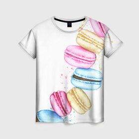 Женская футболка 3D с принтом Macarons. Нежный десерт в Петрозаводске, 100% полиэфир ( синтетическое хлопкоподобное полотно) | прямой крой, круглый вырез горловины, длина до линии бедер | акварель | акварельные | десерт | десерты | макаронс | макаруны | пирожное | пирожные | разноцветные | сладости