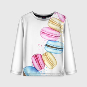 Детский лонгслив 3D с принтом Macarons. Нежный десерт в Петрозаводске, 100% полиэстер | длинные рукава, круглый вырез горловины, полуприлегающий силуэт
 | акварель | акварельные | десерт | десерты | макаронс | макаруны | пирожное | пирожные | разноцветные | сладости