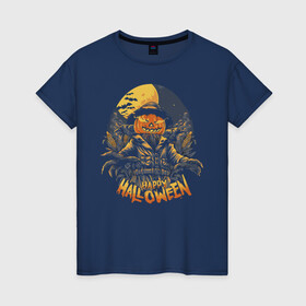 Женская футболка хлопок с принтом Happy Halloween в Петрозаводске, 100% хлопок | прямой крой, круглый вырез горловины, длина до линии бедер, слегка спущенное плечо | halloween | holiday | jaw | moon | night | pumpkin | smile | луна | ночь | праздник | тыква | улыбка | хэллоуин