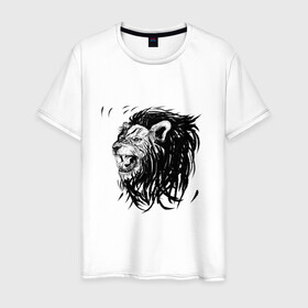 Мужская футболка хлопок с принтом Лев в Петрозаводске, 100% хлопок | прямой крой, круглый вырез горловины, длина до линии бедер, слегка спущенное плечо. | animal | animalistic | art | black | cat | drawing | illustration | lions | агрессивно