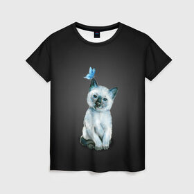 Женская футболка 3D с принтом Тайский котенок с бабочкой в Петрозаводске, 100% полиэфир ( синтетическое хлопкоподобное полотно) | прямой крой, круглый вырез горловины, длина до линии бедер | акварель | бабочка | кот | котенок | котик | кошечка | кошка | смешной | тайский | темный