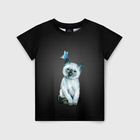 Детская футболка 3D с принтом Тайский котенок с бабочкой в Петрозаводске, 100% гипоаллергенный полиэфир | прямой крой, круглый вырез горловины, длина до линии бедер, чуть спущенное плечо, ткань немного тянется | акварель | бабочка | кот | котенок | котик | кошечка | кошка | смешной | тайский | темный