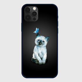Чехол для iPhone 12 Pro с принтом Тайский котенок с бабочкой в Петрозаводске, силикон | область печати: задняя сторона чехла, без боковых панелей | Тематика изображения на принте: акварель | бабочка | кот | котенок | котик | кошечка | кошка | смешной | тайский | темный
