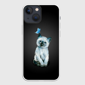 Чехол для iPhone 13 mini с принтом Тайский котенок с бабочкой в Петрозаводске,  |  | акварель | бабочка | кот | котенок | котик | кошечка | кошка | смешной | тайский | темный