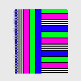 Тетрадь с принтом Полосатый яркий летний узор  в Петрозаводске, 100% бумага | 48 листов, плотность листов — 60 г/м2, плотность картонной обложки — 250 г/м2. Листы скреплены сбоку удобной пружинной спиралью. Уголки страниц и обложки скругленные. Цвет линий — светло-серый
 | Тематика изображения на принте: ассиметричный | детский | зеленый | малиновый | модный | молодежный | синий | современный | универсальный | яркий узор
