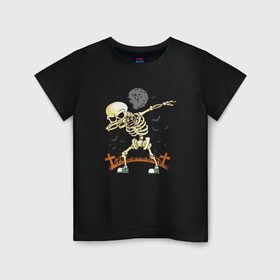 Детская футболка хлопок с принтом Halloween Dab в Петрозаводске, 100% хлопок | круглый вырез горловины, полуприлегающий силуэт, длина до линии бедер | bat | bones | cross | dab | gesture | halloween | hype | moon | night | skeleton | жест | кости | крест | летучая мышь | луна | ночь | скелет | хайп | хэллоуин