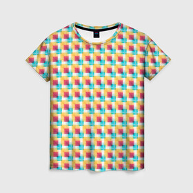Женская футболка 3D с принтом Красочные кубы в Петрозаводске, 100% полиэфир ( синтетическое хлопкоподобное полотно) | прямой крой, круглый вырез горловины, длина до линии бедер | квадраты | кубы | паттерн | пиксели | разноцветный