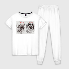 Женская пижама хлопок с принтом Собаки - космонавты в Петрозаводске, 100% хлопок | брюки и футболка прямого кроя, без карманов, на брюках мягкая резинка на поясе и по низу штанин | в тренде. | космос | собаки | собаки на белом фоне | ссср