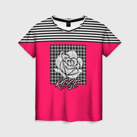 Женская футболка 3D с принтом Аппликация роза на клетчатом в Петрозаводске, 100% полиэфир ( синтетическое хлопкоподобное полотно) | прямой крой, круглый вырез горловины, длина до линии бедер | аппликация | детский | комбинированный | полосатый | пэчворк | роза | розовый | цветочный узор | черный и малиновый | яркий малиновый