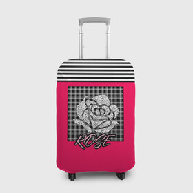 Чехол для чемодана 3D с принтом Аппликация роза на клетчатом в Петрозаводске, 86% полиэфир, 14% спандекс | двустороннее нанесение принта, прорези для ручек и колес | аппликация | детский | комбинированный | полосатый | пэчворк | роза | розовый | цветочный узор | черный и малиновый | яркий малиновый