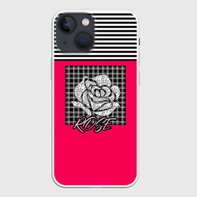 Чехол для iPhone 13 mini с принтом Аппликация роза на клетчатом в Петрозаводске,  |  | аппликация | детский | комбинированный | полосатый | пэчворк | роза | розовый | цветочный узор | черный и малиновый | яркий малиновый