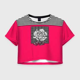 Женская футболка Crop-top 3D с принтом Аппликация роза на клетчатом в Петрозаводске, 100% полиэстер | круглая горловина, длина футболки до линии талии, рукава с отворотами | аппликация | детский | комбинированный | полосатый | пэчворк | роза | розовый | цветочный узор | черный и малиновый | яркий малиновый