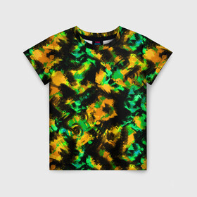 Детская футболка 3D с принтом Абстрактный желто-зеленый узор в Петрозаводске, 100% гипоаллергенный полиэфир | прямой крой, круглый вырез горловины, длина до линии бедер, чуть спущенное плечо, ткань немного тянется | абстрактный | желтый | зеленый | камуфляж | мужской | популярный | размытый узор | современный | черный