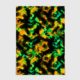 Постер с принтом Абстрактный желто-зеленый узор в Петрозаводске, 100% бумага
 | бумага, плотность 150 мг. Матовая, но за счет высокого коэффициента гладкости имеет небольшой блеск и дает на свету блики, но в отличии от глянцевой бумаги не покрыта лаком | абстрактный | желтый | зеленый | камуфляж | мужской | популярный | размытый узор | современный | черный