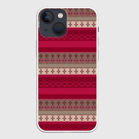 Чехол для iPhone 13 mini с принтом Полосатый вышитый орнамент в Петрозаводске,  |  | бежевый | вишневый цвет | вышивка | коричневый и бордовый | орнамент | полосы | популярный | простой | этнический
