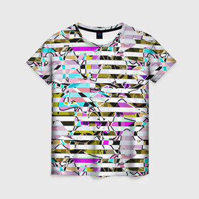 Женская футболка 3D с принтом Полосатый абстрактный узор  в Петрозаводске, 100% полиэфир ( синтетическое хлопкоподобное полотно) | прямой крой, круглый вырез горловины, длина до линии бедер | горизонтальные полосы | летний дизайн | модный | молодежный | мужской | полосы | разноцветные полосы