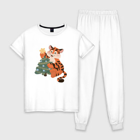 Женская пижама хлопок с принтом Символ года 2022. Тигренок  в Петрозаводске, 100% хлопок | брюки и футболка прямого кроя, без карманов, на брюках мягкая резинка на поясе и по низу штанин | 2020 | для детей | новый год | символ года | тигр | тигренок