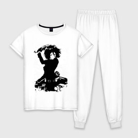 Женская пижама хлопок с принтом Микаса Акерман в Петрозаводске, 100% хлопок | брюки и футболка прямого кроя, без карманов, на брюках мягкая резинка на поясе и по низу штанин | attack on titan | levi | mikasa | ерен | леви | леви акерман | микаса | титаны