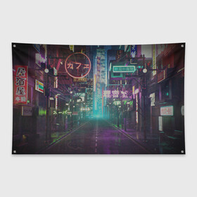 Флаг-баннер с принтом Neon Tokyo в Петрозаводске, 100% полиэстер | размер 67 х 109 см, плотность ткани — 95 г/м2; по краям флага есть четыре люверса для крепления | anime | cyber | cyberpunk | japan | japanese | neon | retro | retro wave | road | street | tokyo | wave | аниме | дорога | иероглифы | кибер | киберпанк | неон | неоновый | ночной токио | ночь | ретро | свет | токио | улица | уличный | эстетика