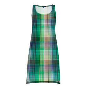 Платье-майка 3D с принтом Зеленый клетчатый узор  в Петрозаводске, 100% полиэстер | полуприлегающий силуэт, широкие бретели, круглый вырез горловины, удлиненный подол сзади. | в клетку | зеленый | клетка | клетчатый узор | популярный | рубашечный | современный | шотландка