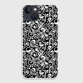 Чехол для iPhone 13 с принтом Черно белая роспись в Петрозаводске,  |  | abstract | black and white | pattern | texture | абстрактный рисунок | абстракция | белый рисунок | белый узор | волнистый узор | завитки | круги | минимализм | монохром | орнамент | паттерн | роспись | текстура | узор