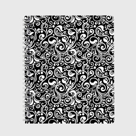 Тетрадь с принтом Черно-белая роспись в Петрозаводске, 100% бумага | 48 листов, плотность листов — 60 г/м2, плотность картонной обложки — 250 г/м2. Листы скреплены сбоку удобной пружинной спиралью. Уголки страниц и обложки скругленные. Цвет линий — светло-серый
 | abstract | black and white | pattern | texture | абстрактный рисунок | абстракция | белый рисунок | белый узор | волнистый узор | завитки | круги | минимализм | монохром | орнамент | паттерн | роспись | текстура | узор